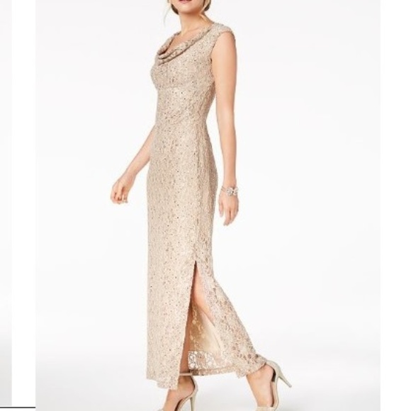 Connected Sequined Lace Cowl-Neck Gown Nude pink - Picture 3 of 8